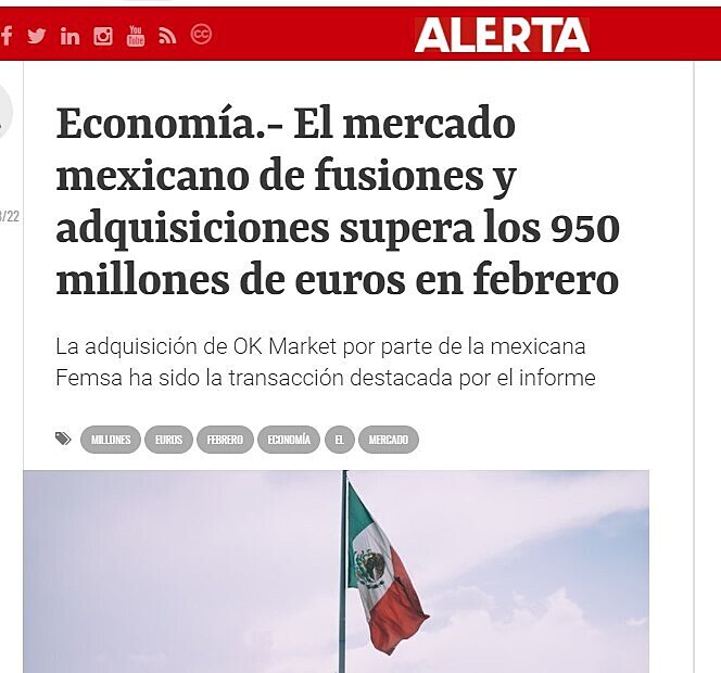 El mercado mexicano de fusiones y adquisiciones supera los 950 millones de euros en febrero